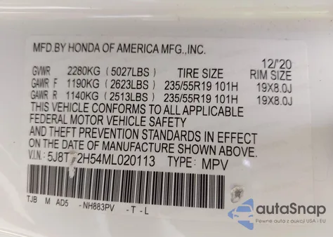 2021 Acura Rdx Technology Package z USA, uszkodzony, nr VIN 5J8TC2H54ML020113